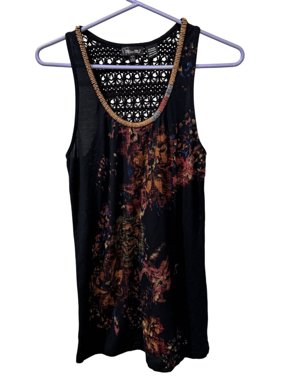 Miss Me Womens Black Crochet Back Tank Top With Beaded Neckline Large